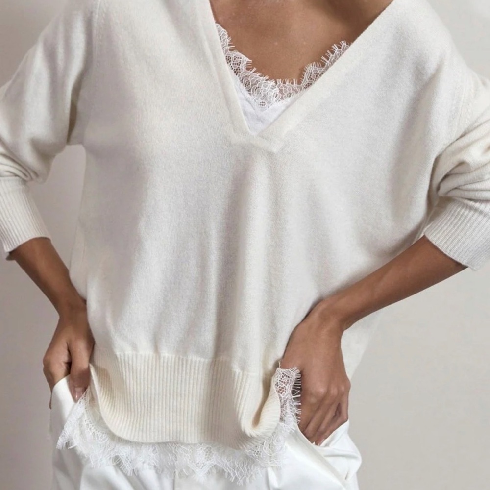 Brochu Walker Cream V-Neck Sweater with Lace Detail